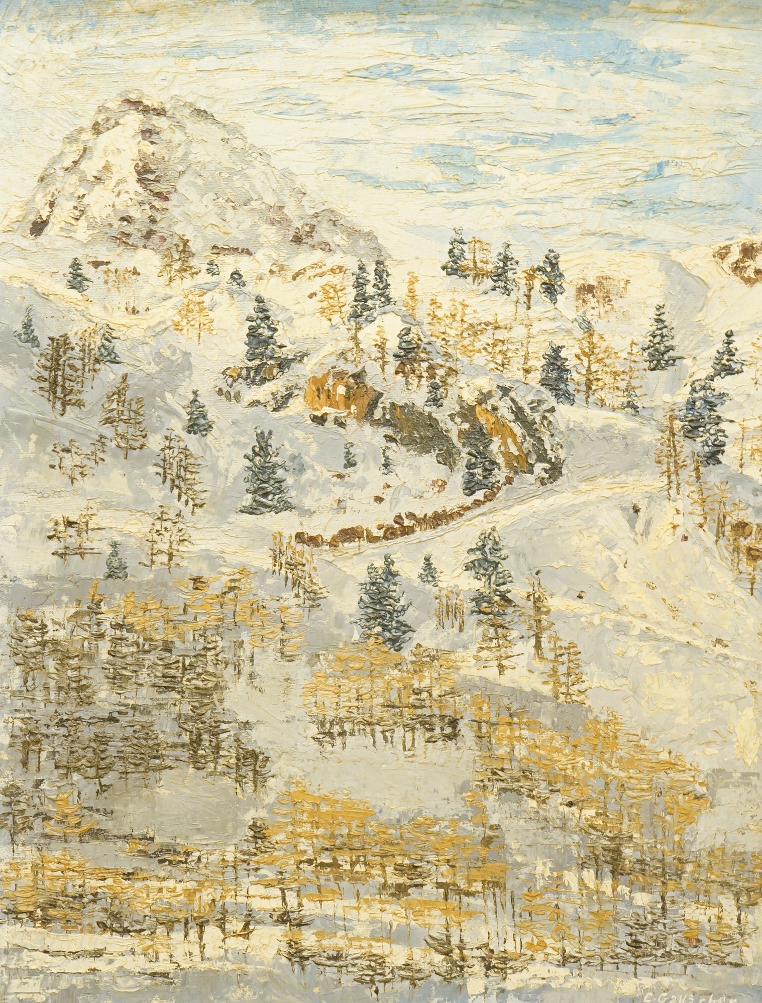 C. Gallacher, Alpine scene, signed, impasto oil on board, 45 x 34cm